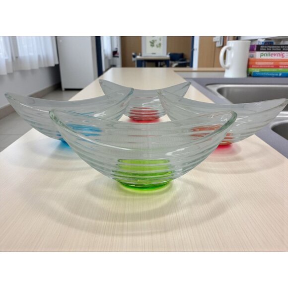 vintage 2pc. salad/desert bowl set boat shaped clear ribbed glass with green and - Picture 4 of 8